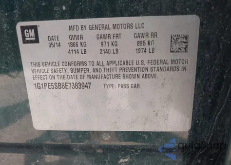 2014 Chevrolet Cruze 2Lt Auto from USA, damaged, VIN 1G1PE5SB8E7383947